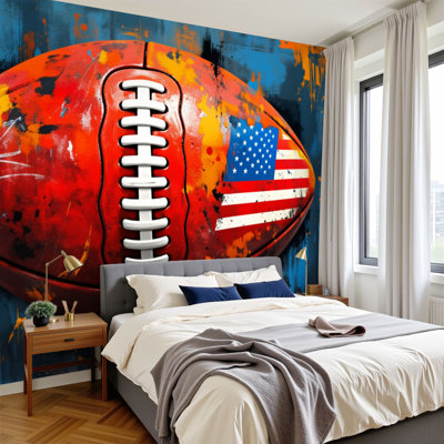 Papier peint adhésif de football américain avec graffiti rouge et ballon de football rouge H 100 po x l 144 po amovible, papier peint adhésif mural pour chambre à coucher, salon, chambre des garçons