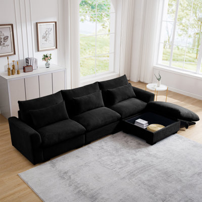 Modern Sofacorduroy Sectional Sofa,  L Shaped Couch With Storage Footstool And 3 Pillow, Sectional Couch   Apartment, Black