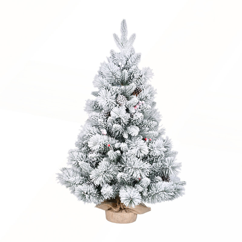 Arbre de Noël 3 pi avec branches en PE / PVC et aiguilles en pin, 170 pointes, décoré de pommes de pin et de baies rouges