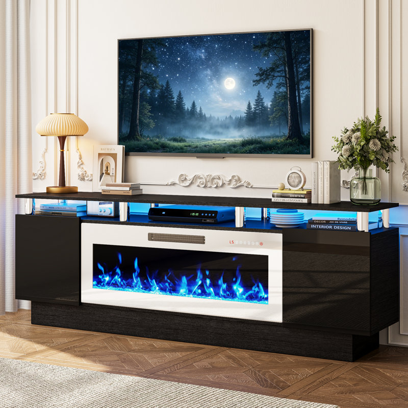Meuble TV Aleila 70 po avec foyer électrique 40 po, console multimédia moderne à 2 niveaux pour salon, placards de rangement laqués brillants avec éclairage DEL, compatible avec les téléviseurs jusqu'à 80 po