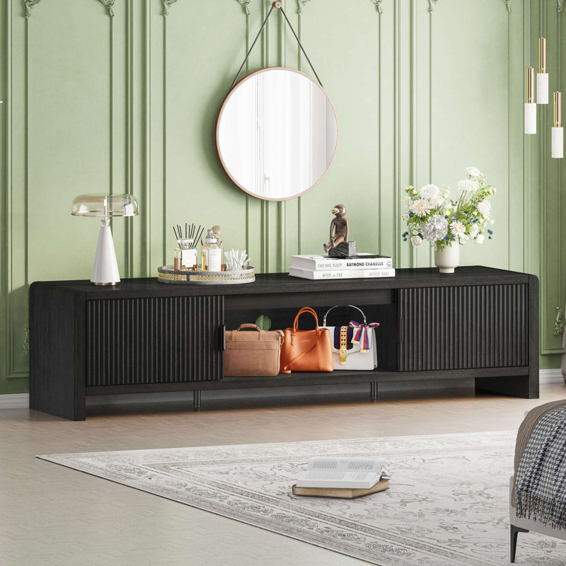 Guinna 63'' Modern Farmhouse TV Stand With Wave-Pattern Doors And Rounded Corners, Fits Tvs Up To 75'', Wooden Media Console With Storage & Cable Management