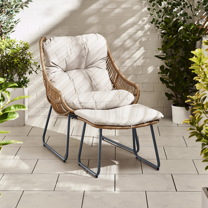 Lailaa Outdoor Large Chair and Footstool for Gardens or Indoor Spaces in Boho Industrial Style, Brown