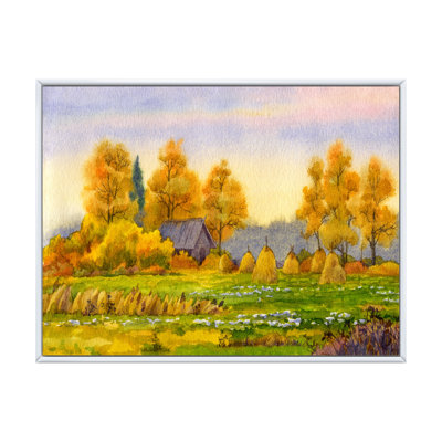 Bottes de foin sur un champ champêtre en couleurs d'automne - peinture sur toile