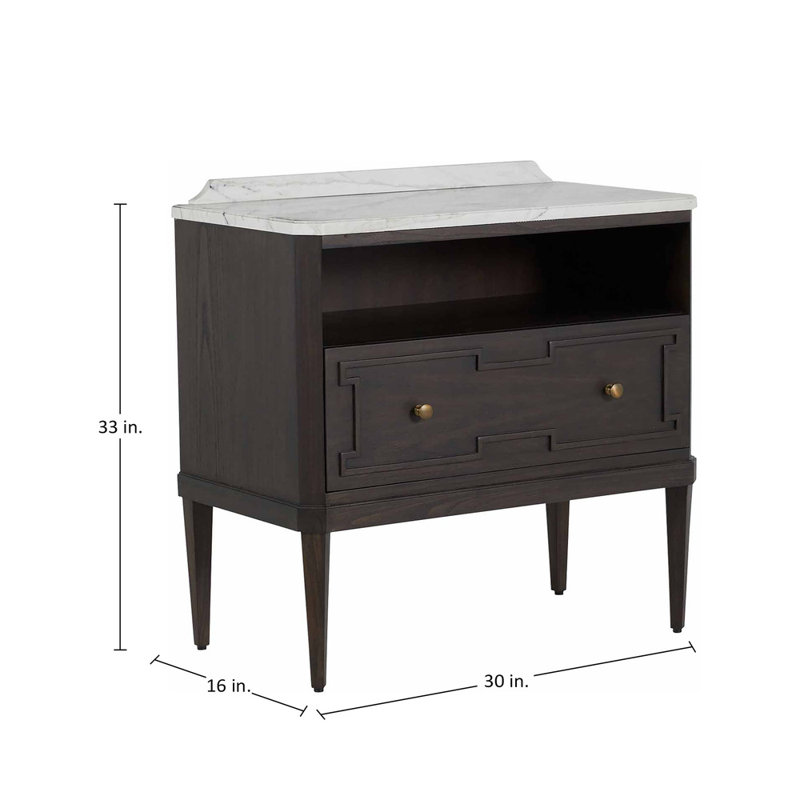 Glenwood 1 - Drawer Solid Wood Nightstand, Forest Black/Agros White Stone/Brass