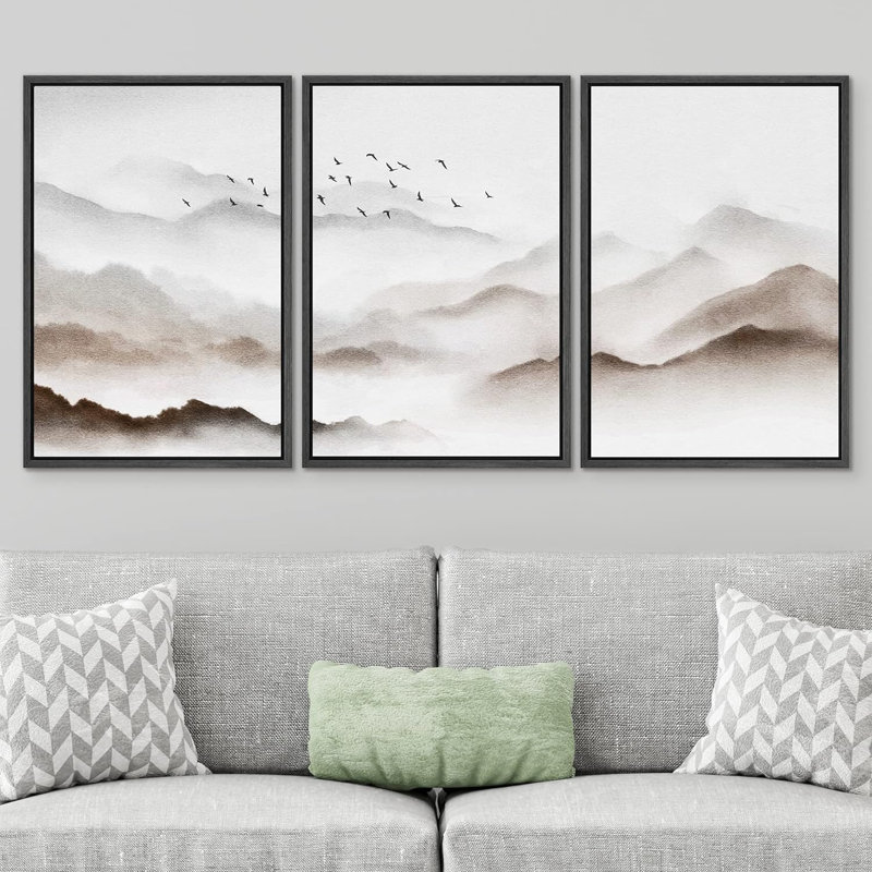 Mountain " Birds Over Pastel Mist Mountain Range Wilderness Illustration Modern Art Decor Nordic Chic " 3 - Pieces, Noir