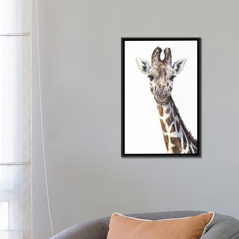 Girafe sur blanc par George Dyachenko - impression sur toile, H 48 po x l 32 po x P 1,5 po, Toile avec cadre noir