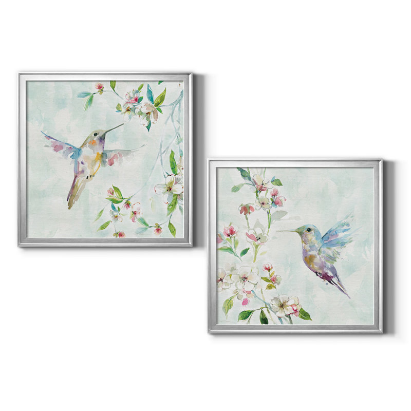 Colibri I - peinture encadrée sur papier, H 17,5 po x l 35 po x P 1,5 po, Papier avec cadre argenté, Pas de tapis