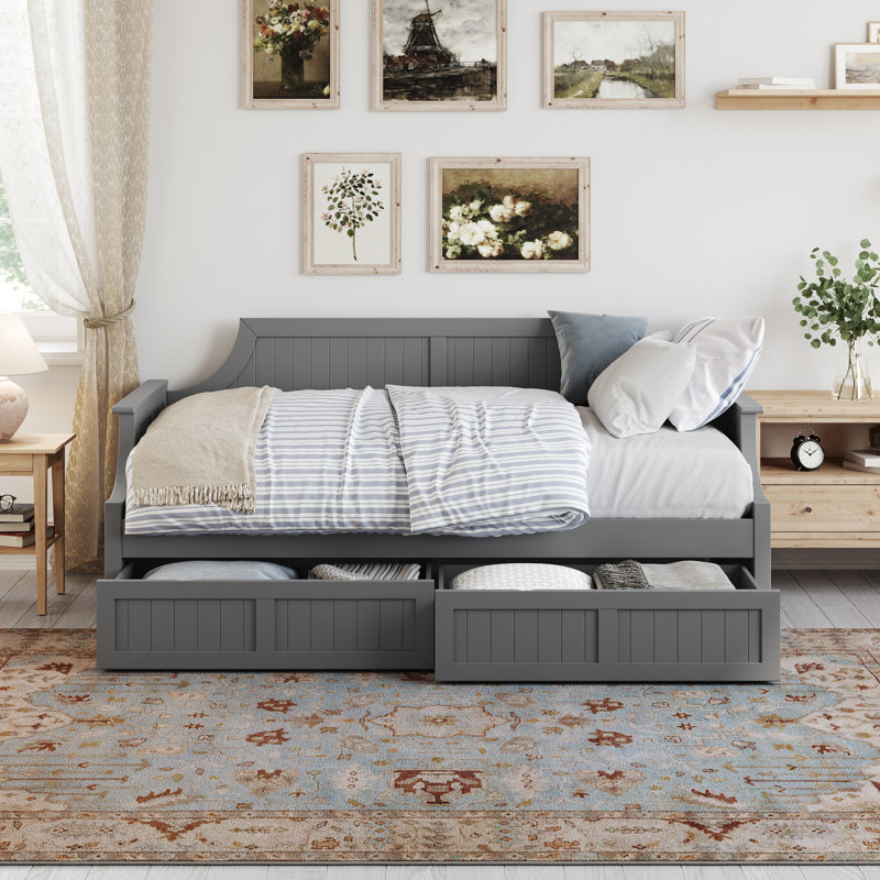 Antavious Coastal Cottage Solid Wood Twin Daybed with Storage Drawers, Gray