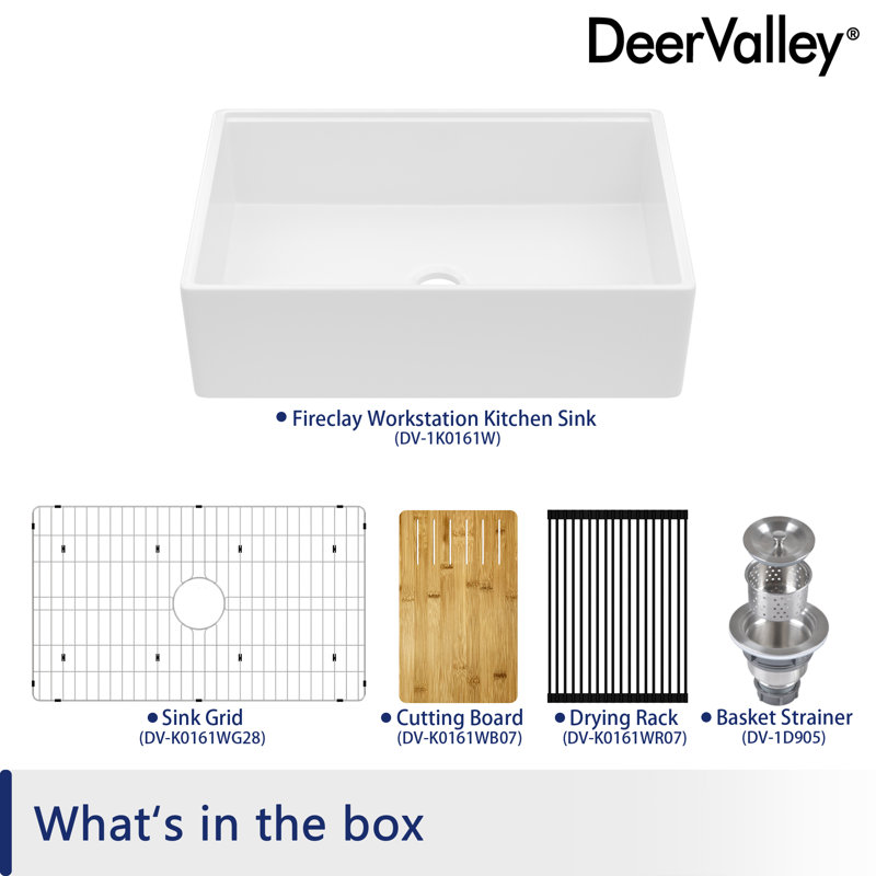 DeerValley 33"L x 20"W Farmhouse Kitchen Sink Deep Single Bowl Fireclay Workstation Sink with Cutting Board and Dish Drying Rack