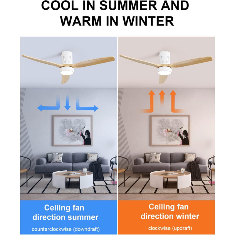 52 Inch Indoor Flush Mount Ceiling Fan with LED Light and Remote Control