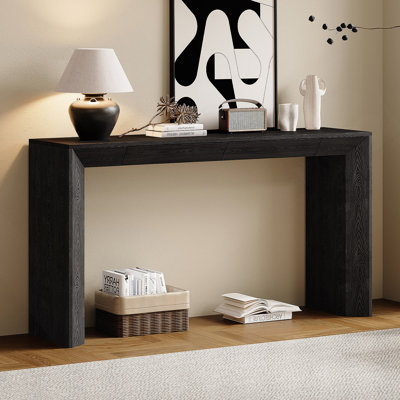 60" Modern Farmhouse Console Table With 2 Concealed Drawers, Waterfall Design Entryway Table With Thickened Legs & Rustic Wood Grain For Living Room, Entryway & Hallway (Black)