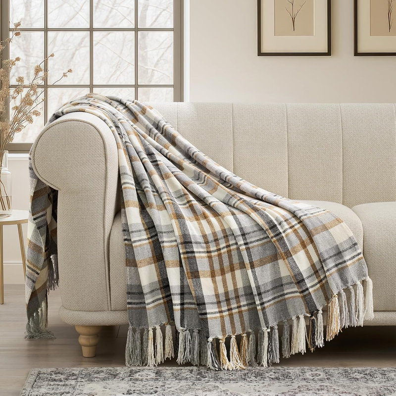 Jeté en chenille douce, L 60 po x l 50 po, Tissu écossais gris / beige chaud