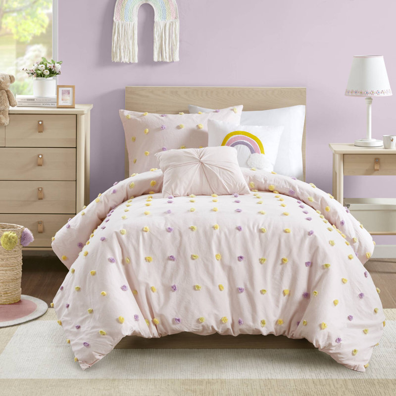 Callie Pink Multi 100% Cotton Jacquard Pom 4-Piece Twin/Twin XL Comforter Set, Twin Comforter+1 Sham+2 Decorative Pillows