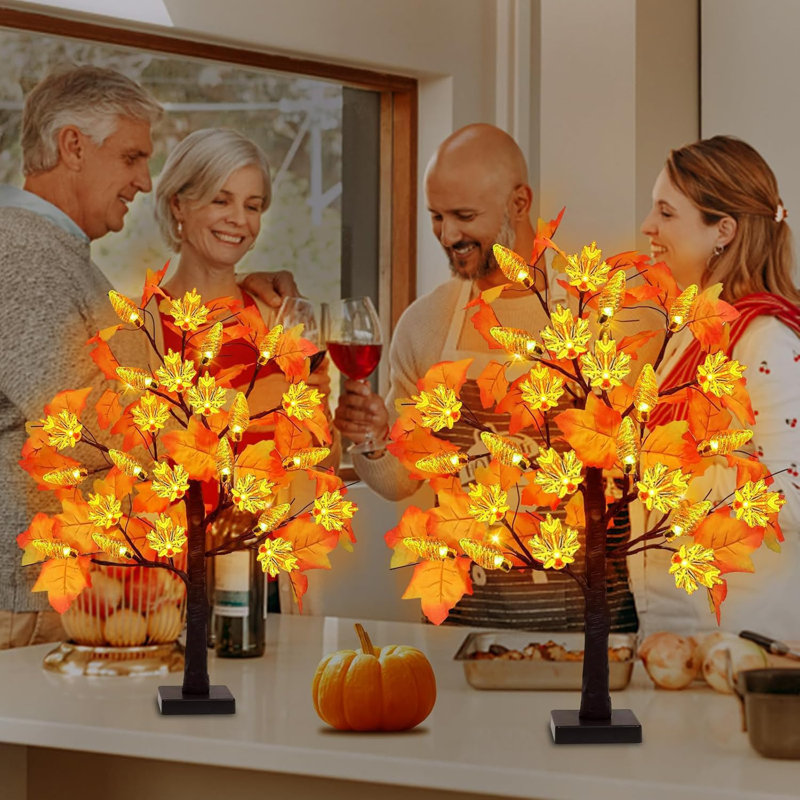 2 Pack 24 Inch Prelit Fall Maple Tree Thanksgiving Decorations With 48 LED Lights
