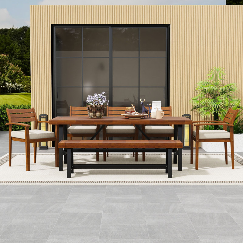 Ensemble repas d'extérieur en bois 7 pièces avec 5 chaises, banc et table