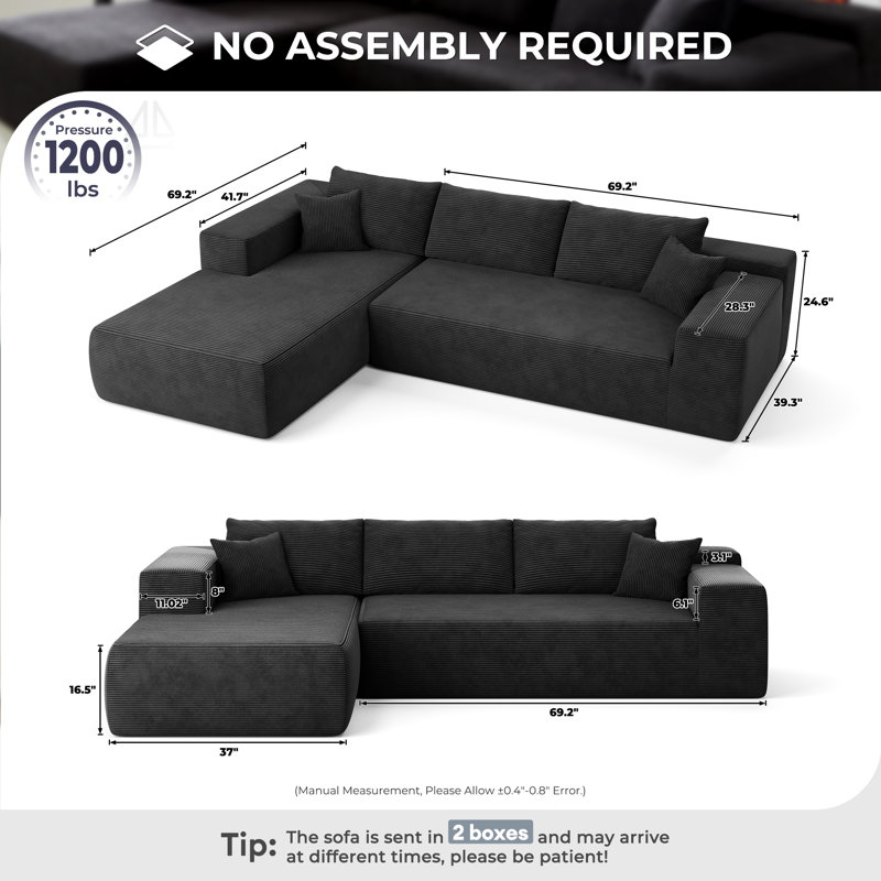 Viola 2 - Piece Upholstered Boneless Sectional, Black, Left Hand Facing
