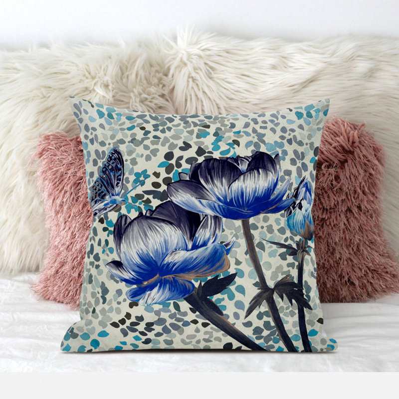 Floral Outdoor Reversible Throw Pillow, 18" x 18", Indigo/Blue/Dark Green