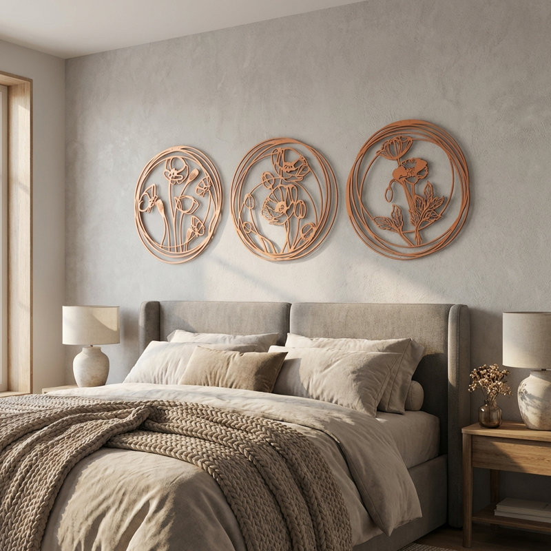 Poppy Flowers Metal Wall Art Set - 3 Piece, Copper