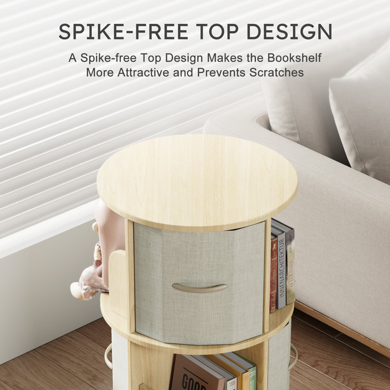 Rotating Bookshelf Tower, Solid Wood Rotating Bookshelf, 2 Tier Spinning Bookshelf With 2 Drawers, 360 Display Revolving Bookcase For Kids&adults, Round Corner Book Shelf For Bedroom, Living Room