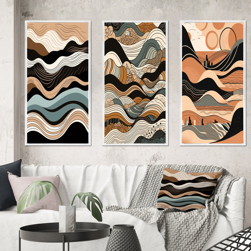 «Teal Black Line Art Elegance», 3 pièces, Cadre flottant blanc, H 40 po x l 60 po