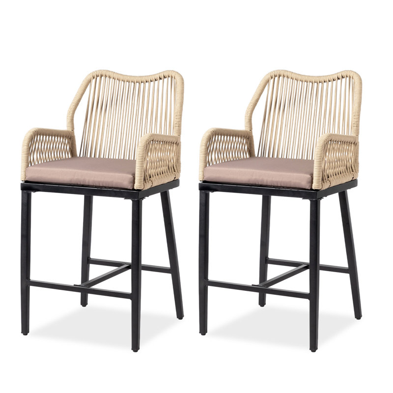 Rope-Woven Iron-Framed Bar Stools With Cushion (2-Pack), Black/Brown