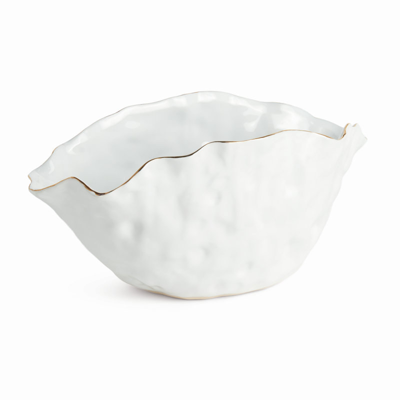 Bordure White Ceramic Wide Vase Large with Gold-Tipped Crimped Edge, Large