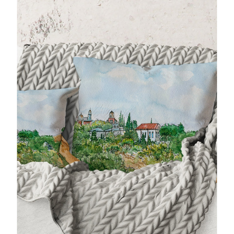 Carré, maison blanche avec toit rouge à la campagne - Coussin décoratif à imprimé traditionnel, 18" x 18"