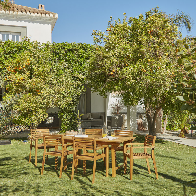 Sirmans 8 - Person Acacia Wood Patio Dining Set with Extendable Rectangular Table, 75cm H x 90cm W x 140cm L, With Cushions