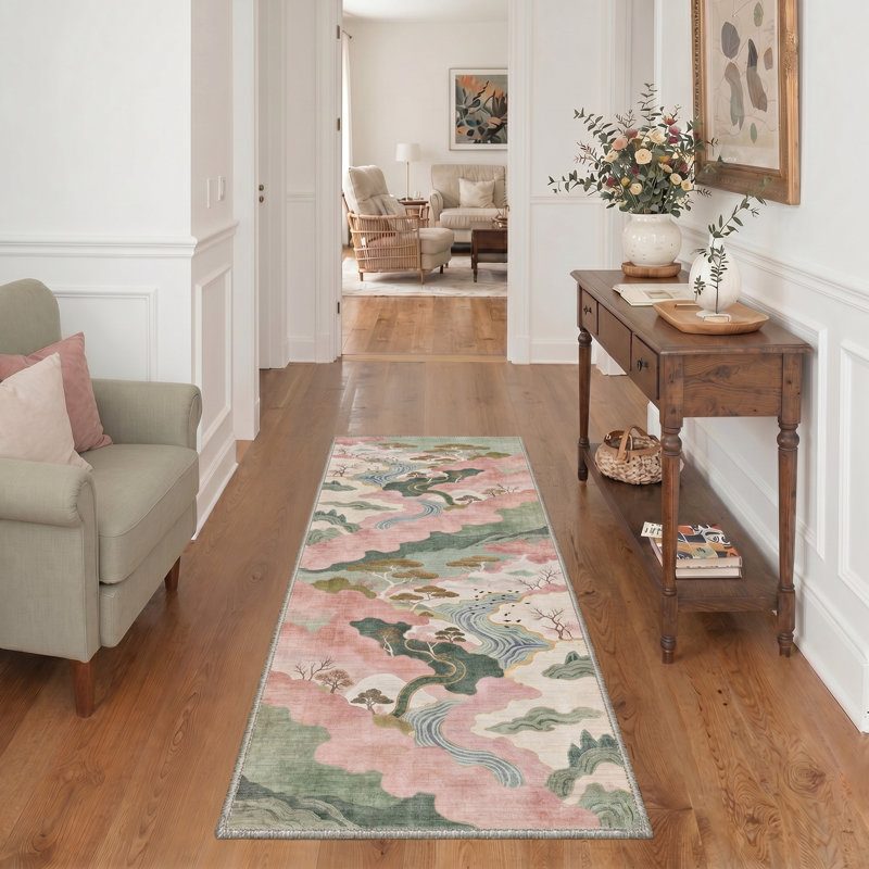 Ascentia Rustic Machine Washable Pink / Green / Beige Indoor Area Rug with Non-Slip Backing, Runner 2'6" x 8'