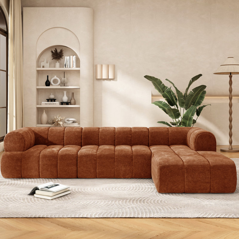 Canapé d'angle Orange 2 en forme de L, entièrement assemblé, mousse haute densité, revêtement en tissu, idéal pour un coin salon.