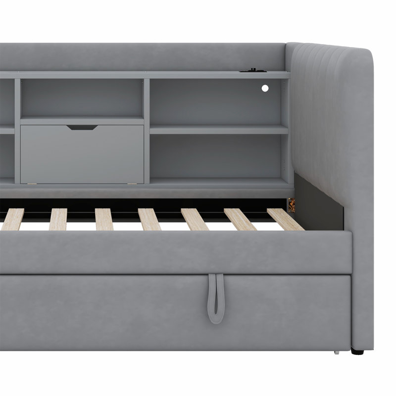 Upholstered Daybed With Trundle, Storage Shelves, USB & Outlet, Gray