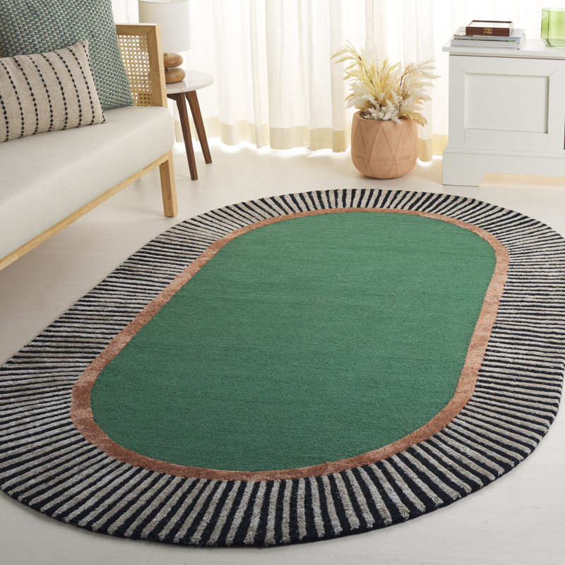 Oval Striped Wool Hand Tufted Area Rug, Green/Black, Oval 183 X 244Cm