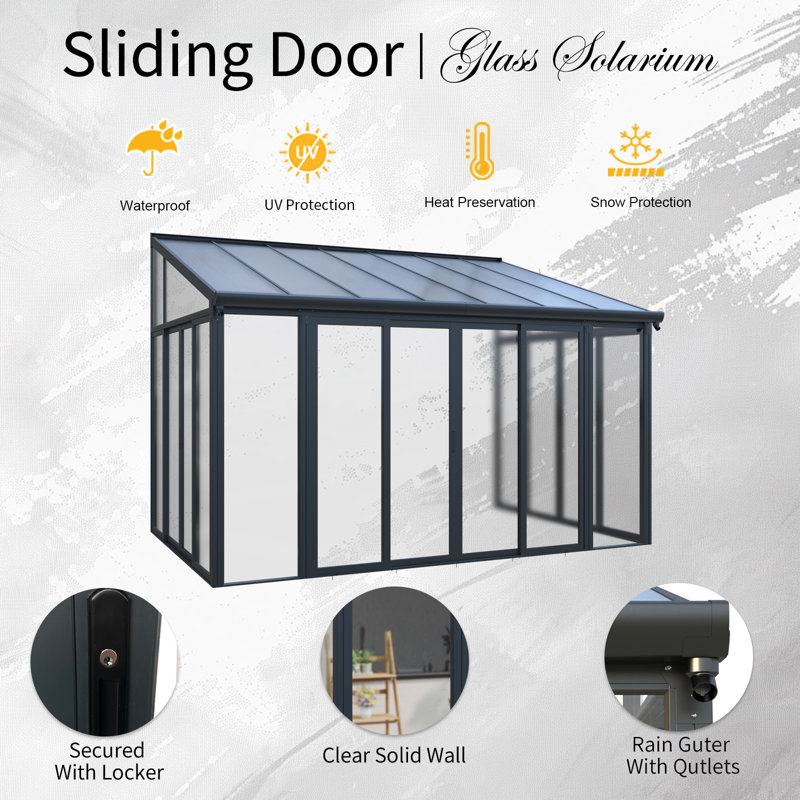 14x10 Wall-mounted Sunroom,enclosed Patio Cover Gazebo Solarium With Polycarbonate Roof And Lockable Sliding Doors For Deck Or Patio Black