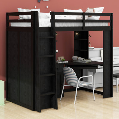 Modern Loft Bed with Integrated Storage Wardrobe, Desk, Pull-Out Keyboard Tray & Charging Station