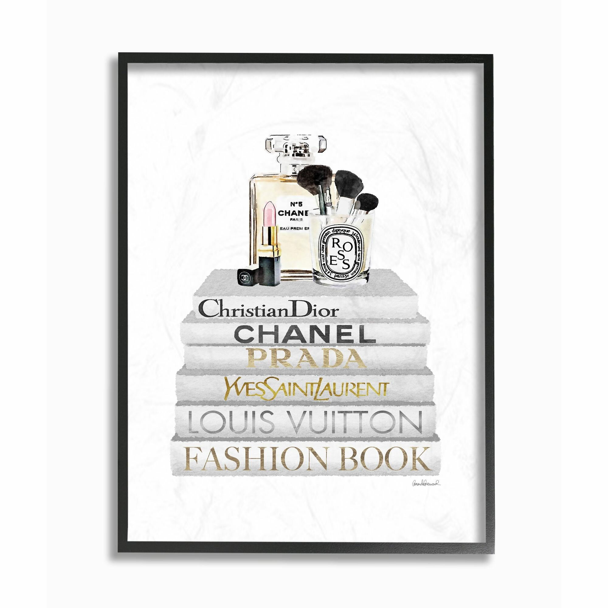 Stupell Industries Fashion Designer Purse Bookstack Black and White Watercolor Framed Wall Art by Amanda Greenwood