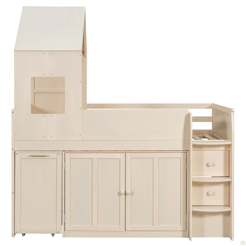 Lit mezzanine simple en bois avec bureau et tiroirs, Beige