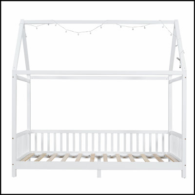 Wooden House Bed with Guardrail and LED Lights for Safe and Magical Sleep Experience