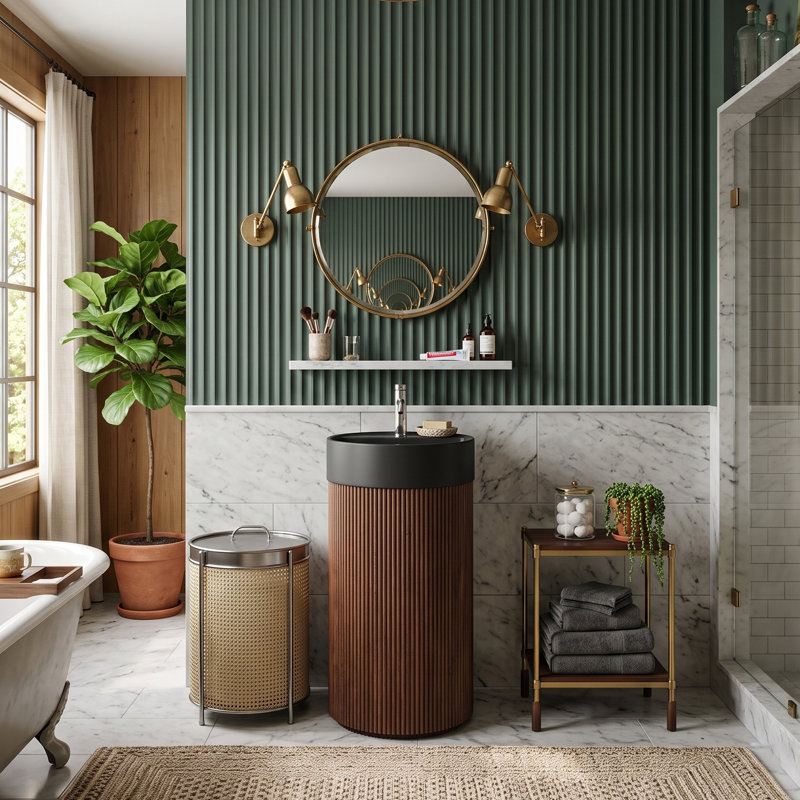 Meuble-lavabo cylindrique autoportant 16 po avec lavabo rond à surface solide, bois massif scandinave moderne, Walnut, Black