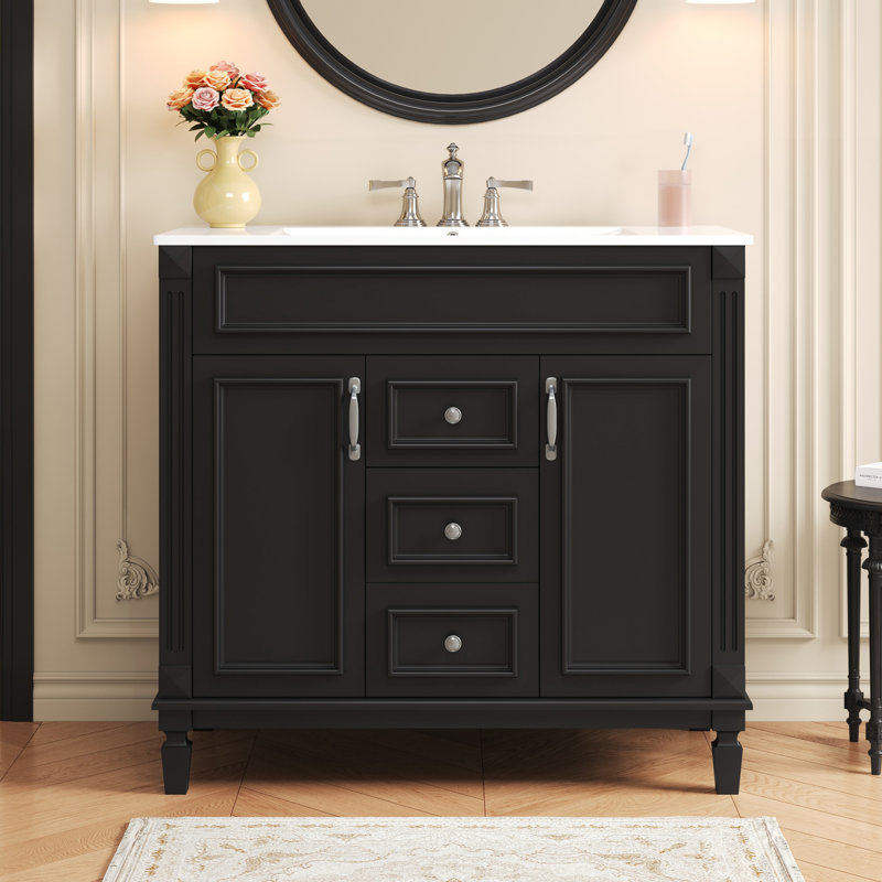 Meuble-lavabo 36 po avec lavabo supérieur - Bois massif + panneau de fibres à densité moyenne - 1 pièce - Autoportant - Noir - Portes à fermeture en douceur et 2 tiroirs