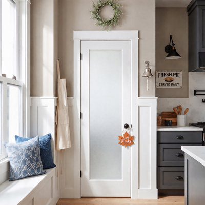 24" x 80" White Primed 1-Lite Full-View Tempered Frosted Glass Solid Core Manufactured Wood Trimmable Trimmable Interior Door Slab for Pantry, Bathroom and Office, Without Frame and Hardware Kit