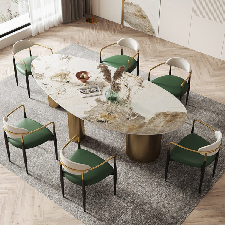 Stainless Steel + Carbon Rock Plate Extendable Oval Dining Table