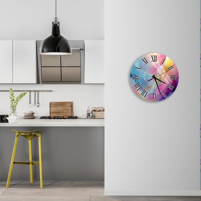 Horloge murale en verre trempé, aquarelle abstraite, rose bleu jaune, art moderne, horloge silencieuse, décor de bureau à domicile, cadeau unique
