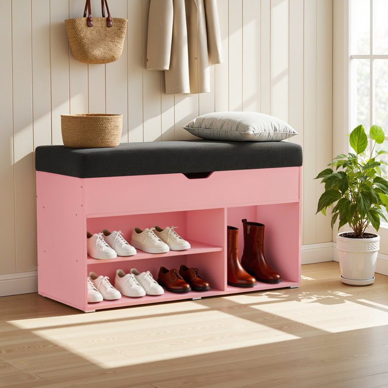 Banc de rangement pour chaussures 7 paires avec coussin, banc de rangement pour chaussures 37 po avec rangement caché, Rose