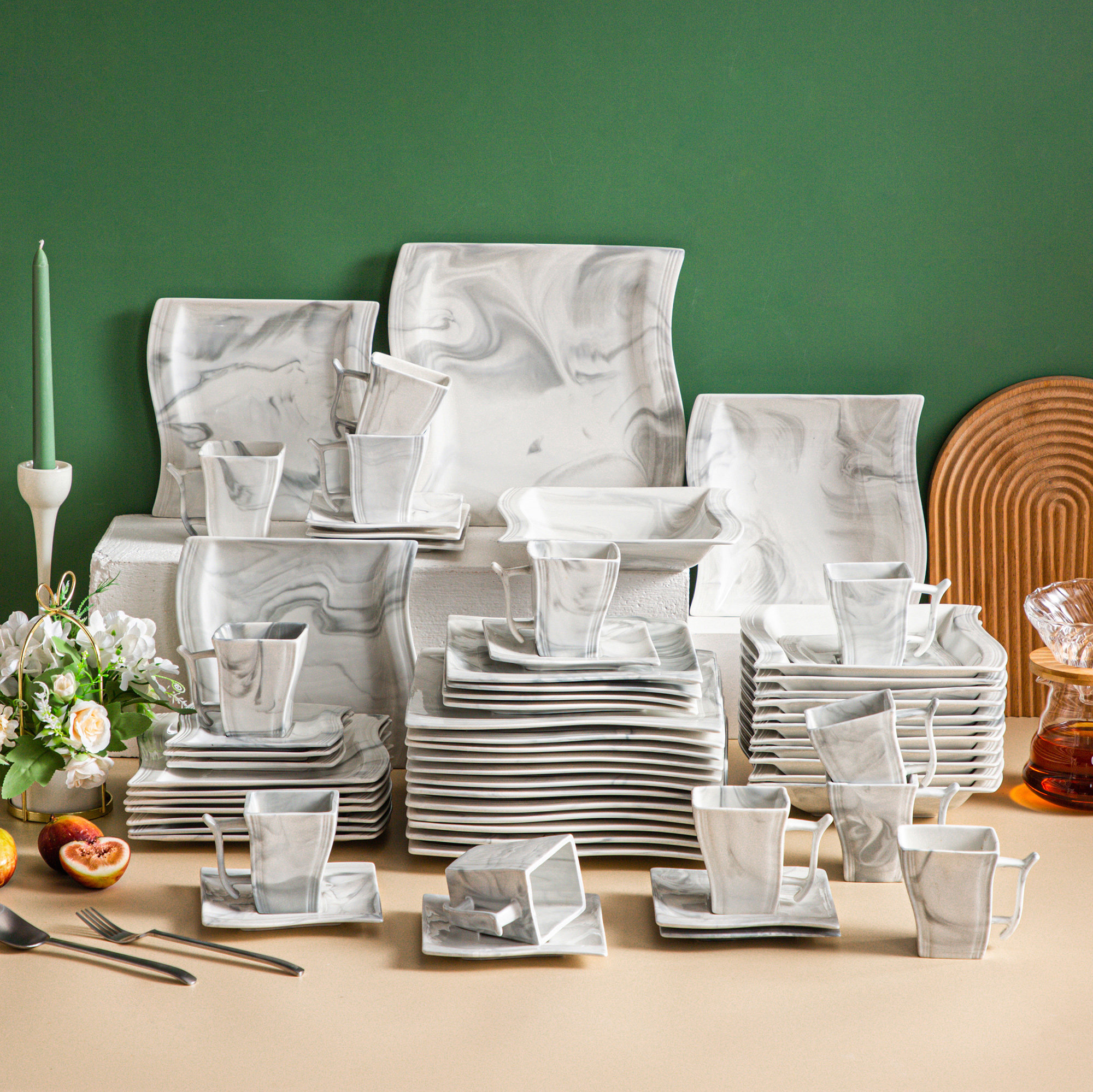 MALACASA Flora Marble Grey 26 Piece Dinnerware Set