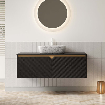 Meuble-lavabo 48 po, meuble de rangement flottant mural, portes doubles en sergé avec garniture en métal, vasque rectangulaire en céramique à motif marbré et plateau en pierre frittée