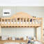 Lit simple superposé au dessus d'un lit double avec rangement, garde-corps courbés et tablettes latérales, structure en bois massif, aucun sommier nécessaire, finition naturelle-134275276-134275274