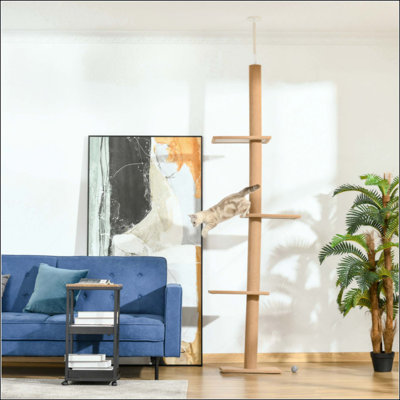 Floor-to-Ceiling Adjustable Cat Tree Tower with Sisal Scratching Posts, Natural Cat Activity Centre for Kittens & Cats