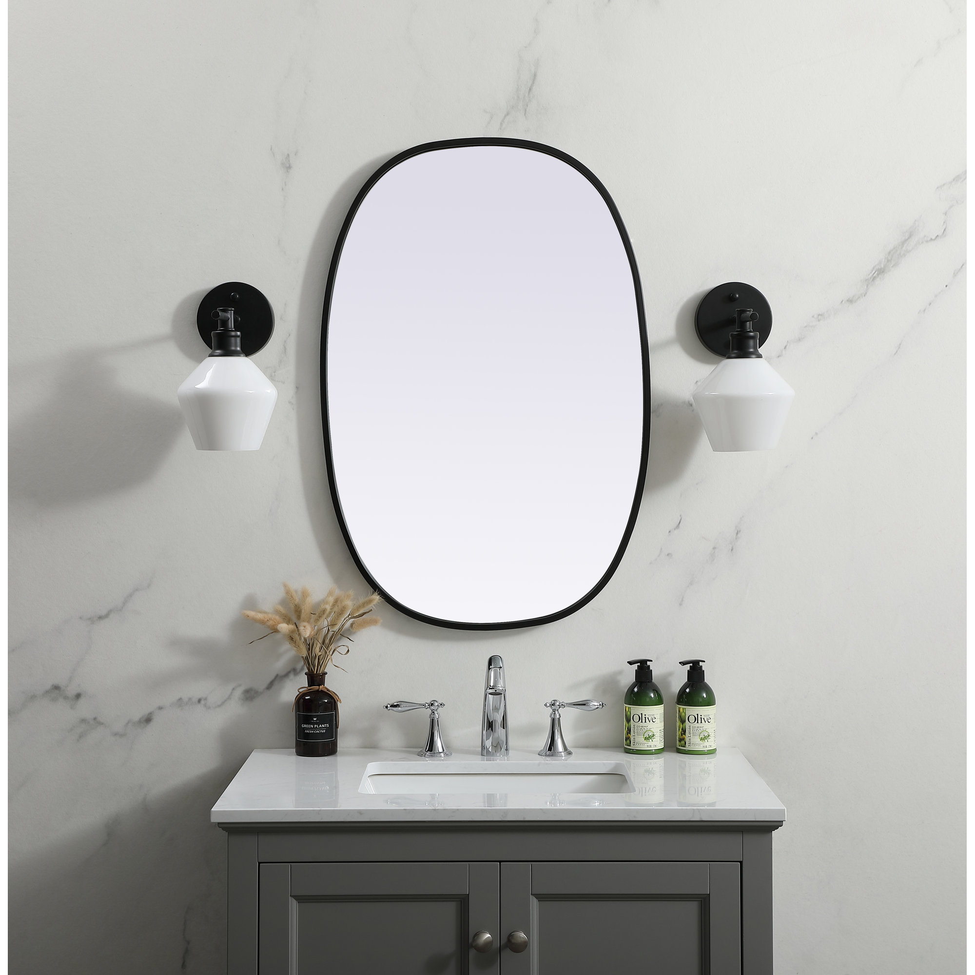 Sabine Metal Curved Oval Wall Mirror, 30" x 20", Black