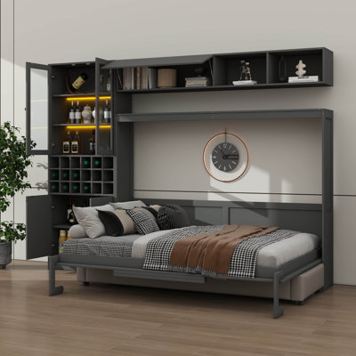 Queen Size Bed With Couch, Storage Shelves, Charging Port, LED Light, Bookshelf, And Wine Storage