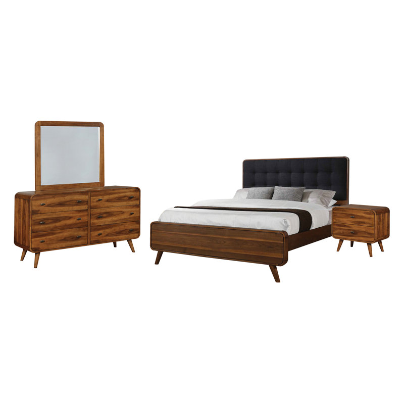 Aleksiejus Bedroom Set in Dark Walnut, King, 5 Pieces: Bed, NightStand, Dresser, Mirror, Chest